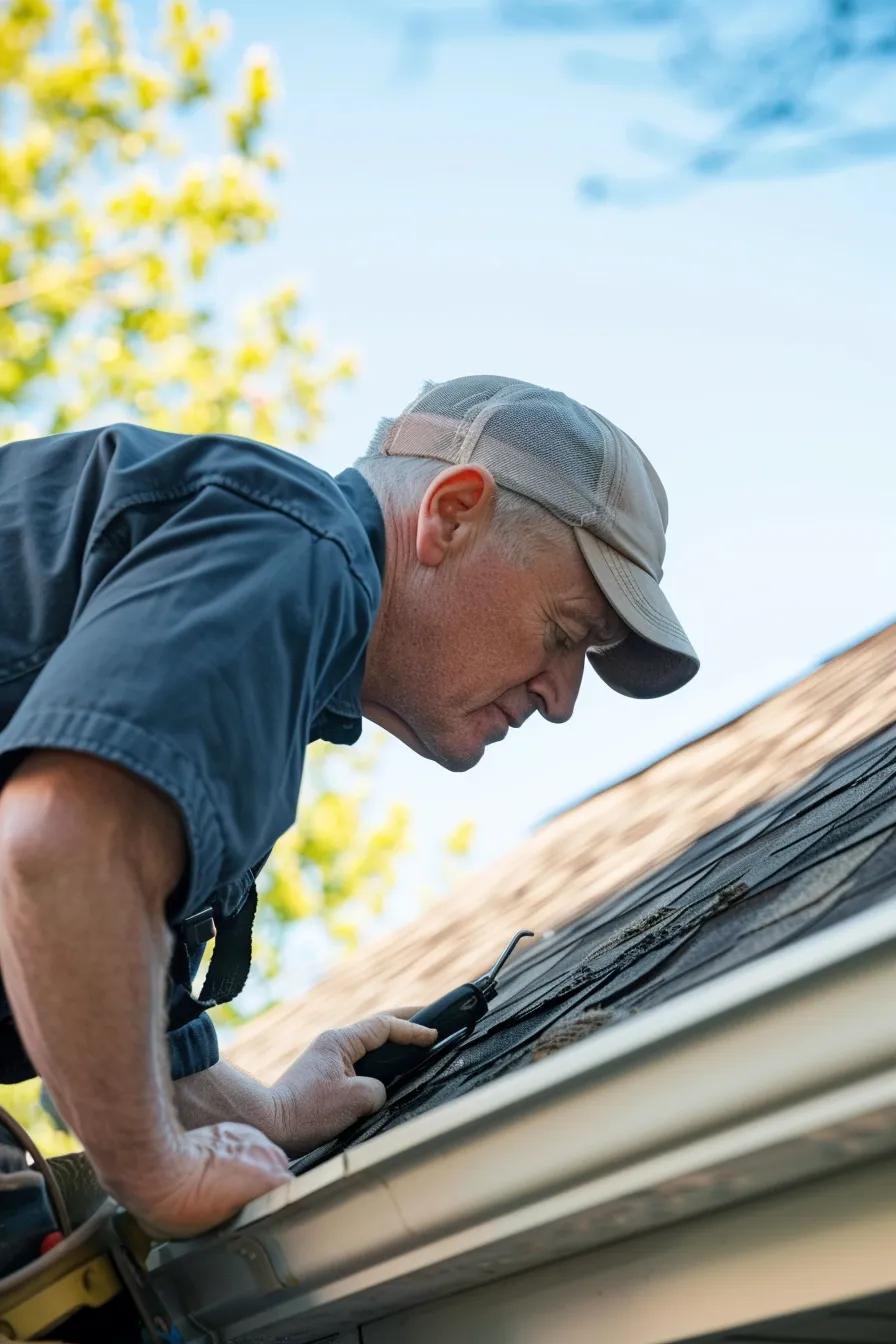 Roofing contractor inspecting a residential roof, highlighting expert repair processes