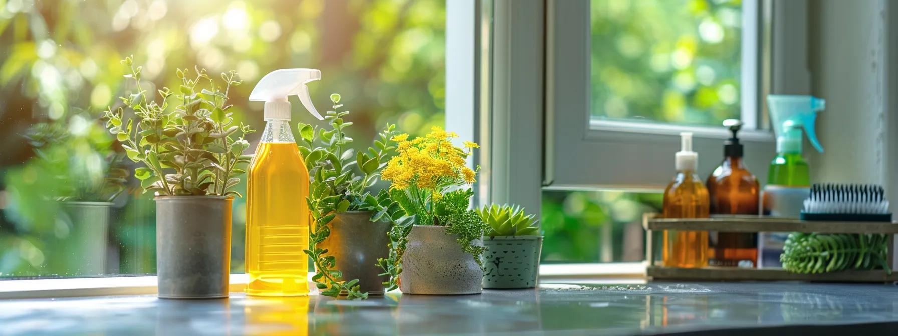 Eco-friendly cleaning solutions and wax additives displayed on a countertop, emphasizing their role in maintaining window clarity