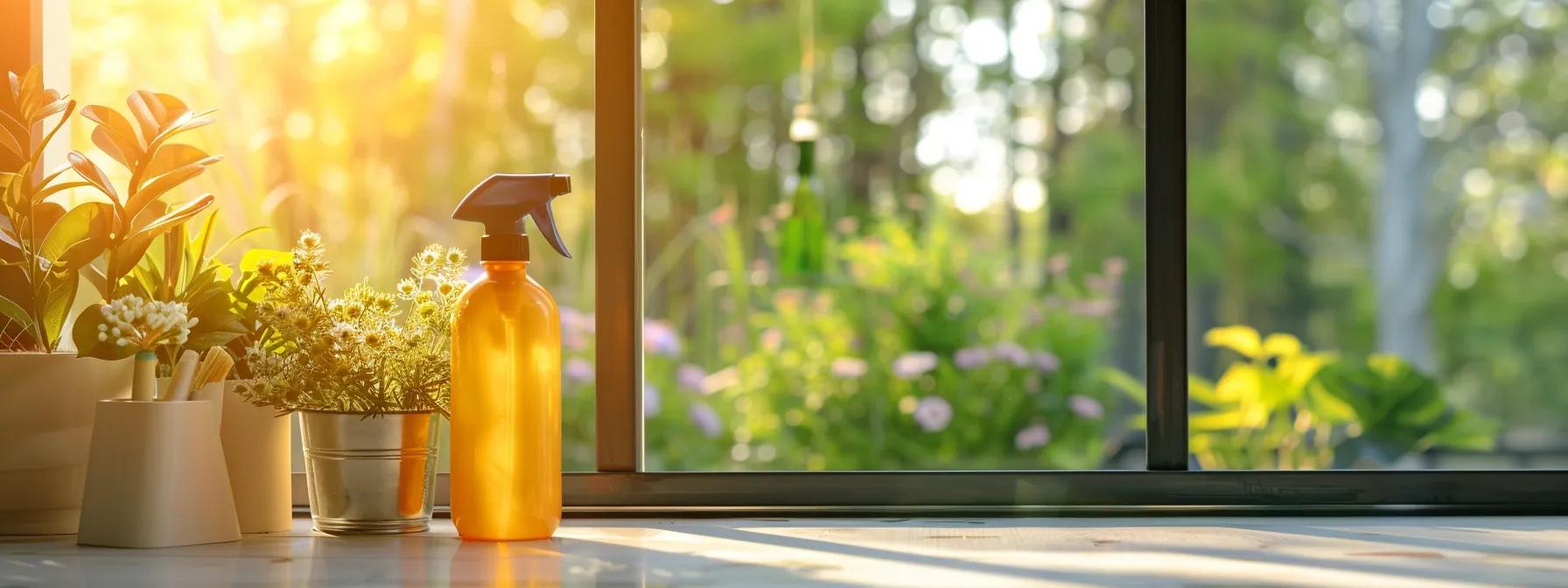 Eco-friendly window cleaning products and tools in a residential setting, promoting sustainable practices