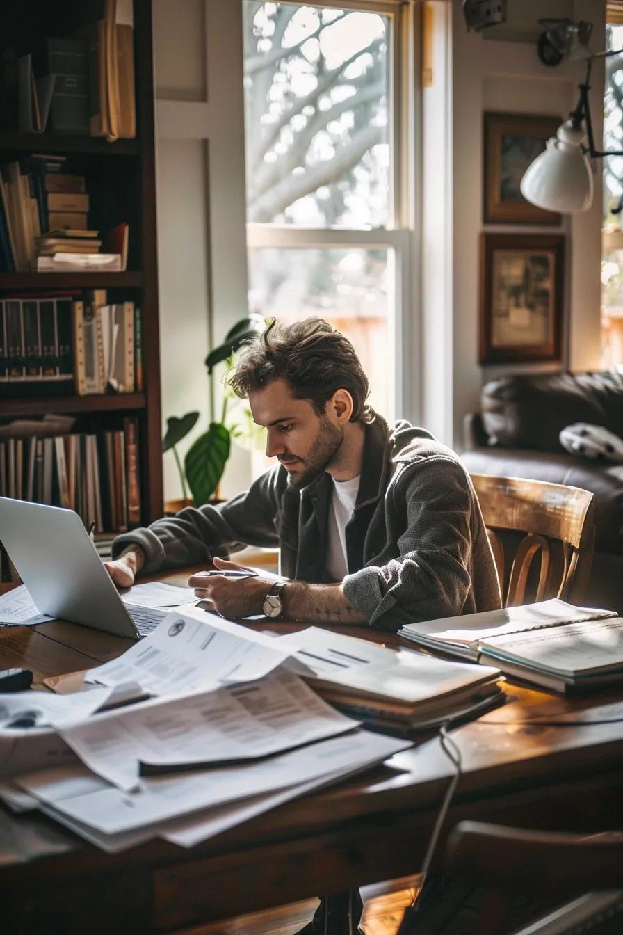 Homeowner reviewing contractor credentials and permits in a home office Homeowner reviewing contractor credentials and permits in a home office