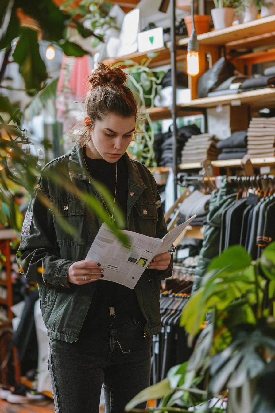 Individual shopping for sustainable fashion, examining eco-labels and certifications in a boutique