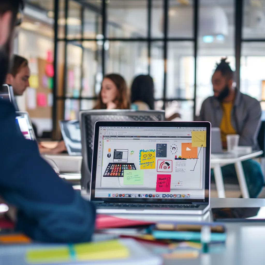 Professionals collaborating on a smart website in a modern office, symbolizing strategic digital growth