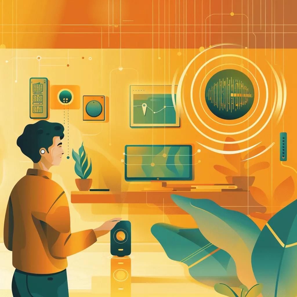 Person using a voice assistant device, illustrating the concept of voice search optimization in a home environment