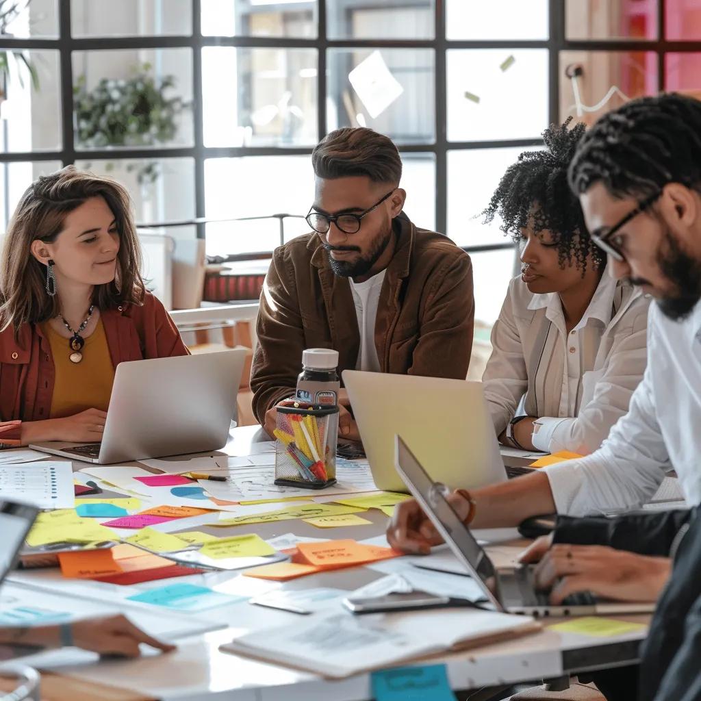 Team brainstorming AI search optimization strategies with laptops and notes