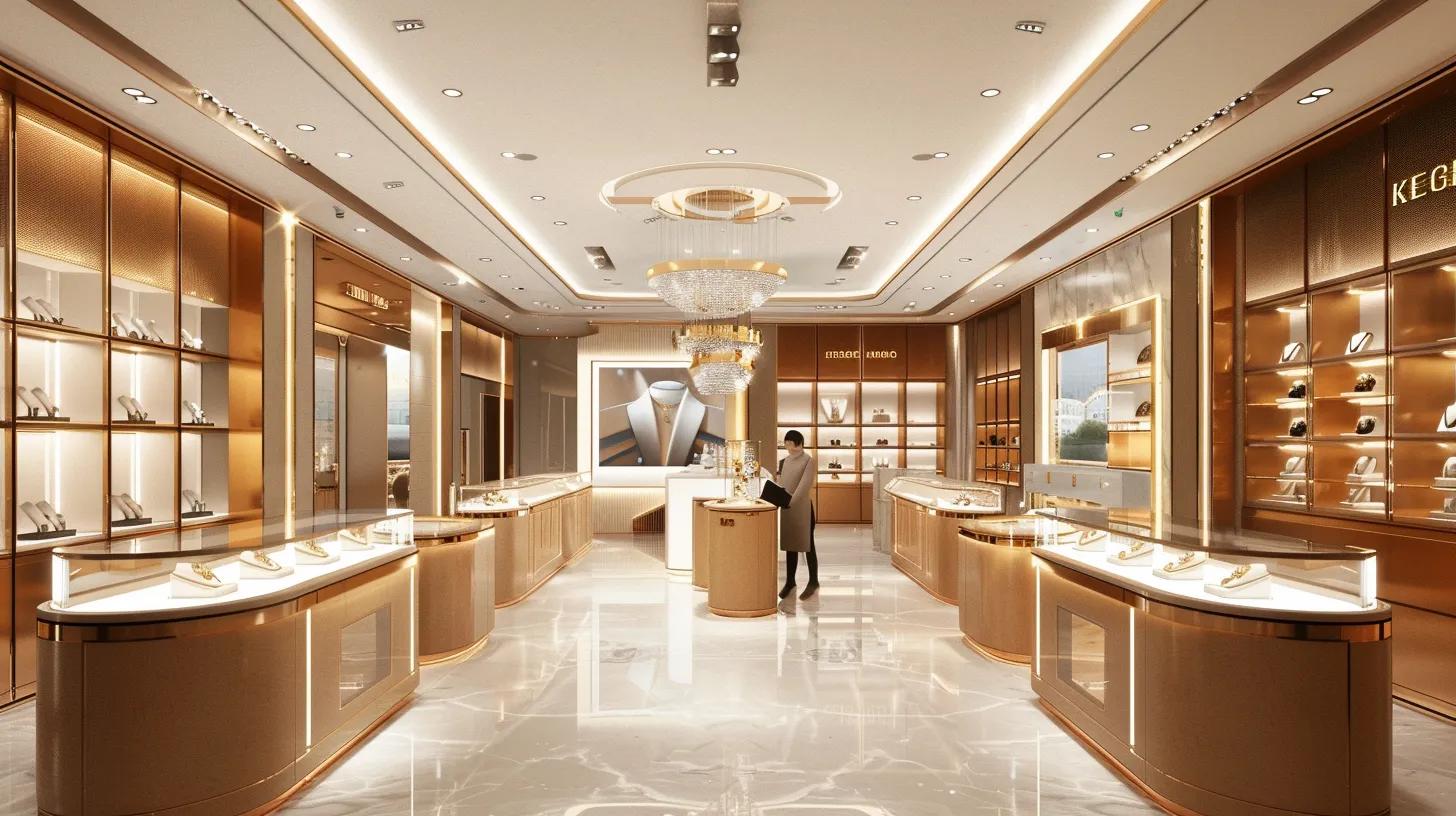 Generate realistic pictures of a jewelry luxury store that is using smart rfid-enabled displays to showcase their products. Make the store well illuminated and customers interacting with the sales associate in a plesant way