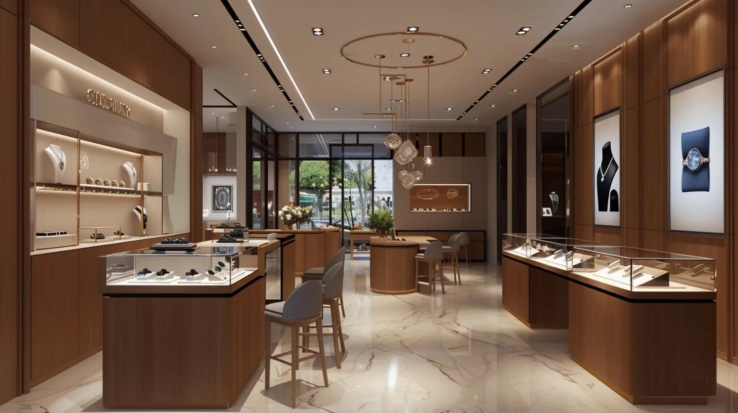 Realistic image of a luxury jewelry store utilizing smart RFID-enabled displays, with bright illumination and customers engaging positively with sales associates.