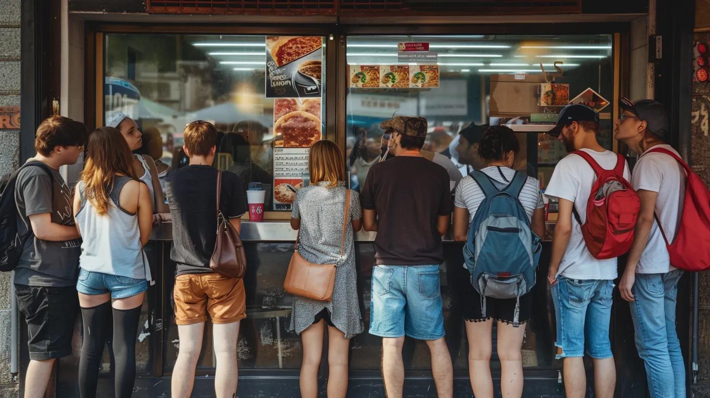people waiting online to get into a local pizza shop