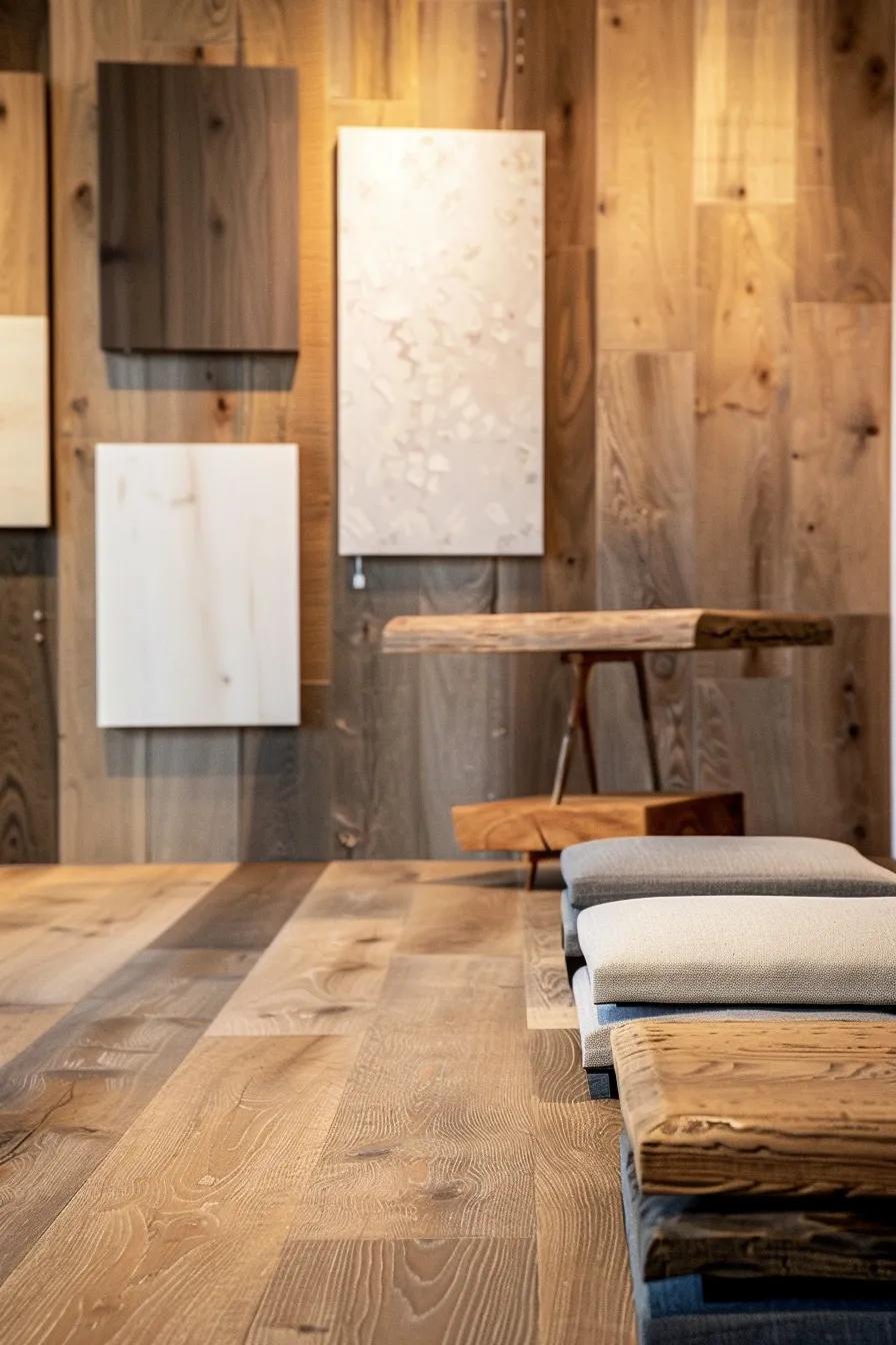 Range of sustainable flooring samples including recycled and bio-based materials