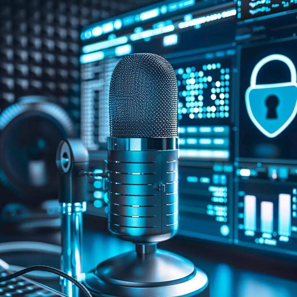 Microphone and screen representing data privacy and security concerns in AI voice systems