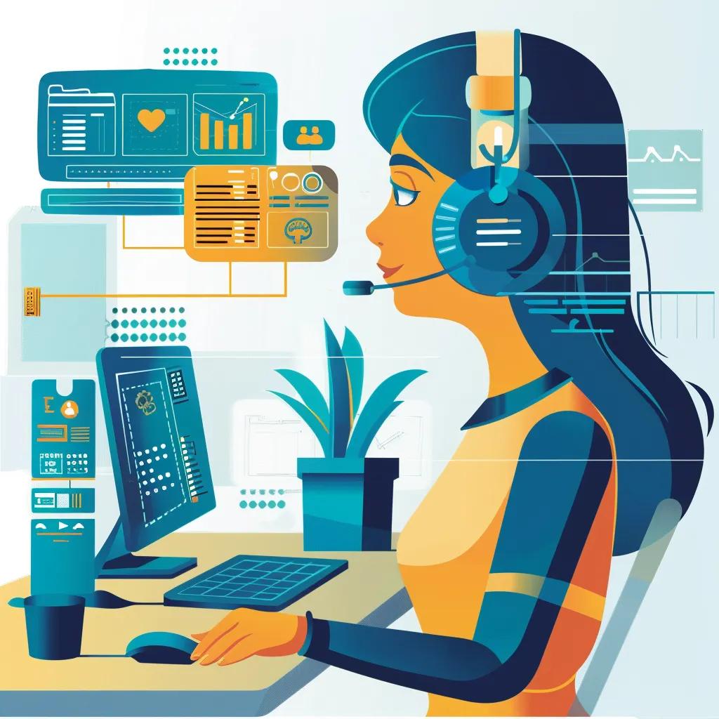 Customer service agent using AI voice tools for faster inquiry handling in a modern workspace