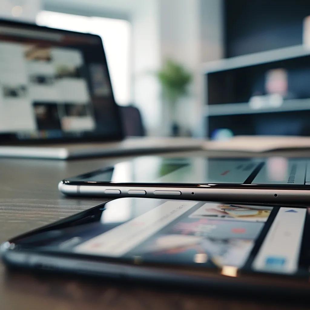 Close-up of a smartphone showing a responsive website&mdash;office environment