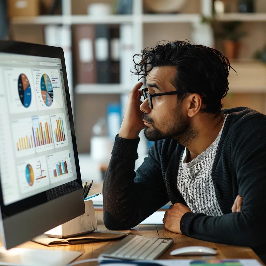 Frustrated business owner reviewing confusing reports in a home office, representing challenges in hiring an agency