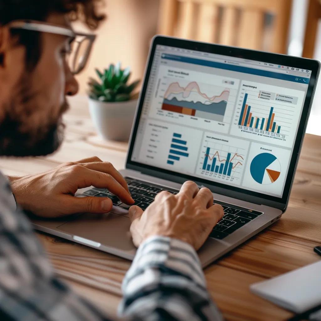 Business owner analyzing lead generation metrics on a laptop in a bright workspace