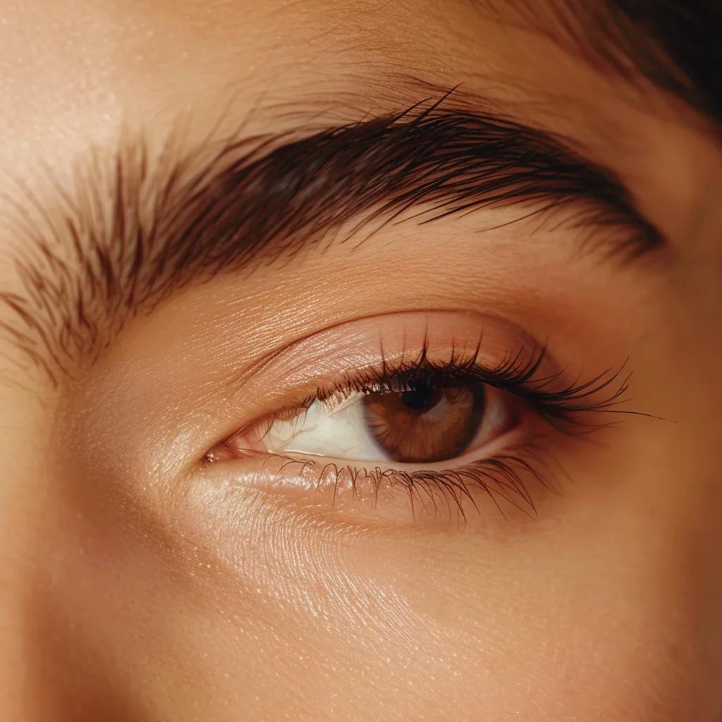 Close-up of fluffy, feathered eyebrows after lamination, showing 2025 styling details