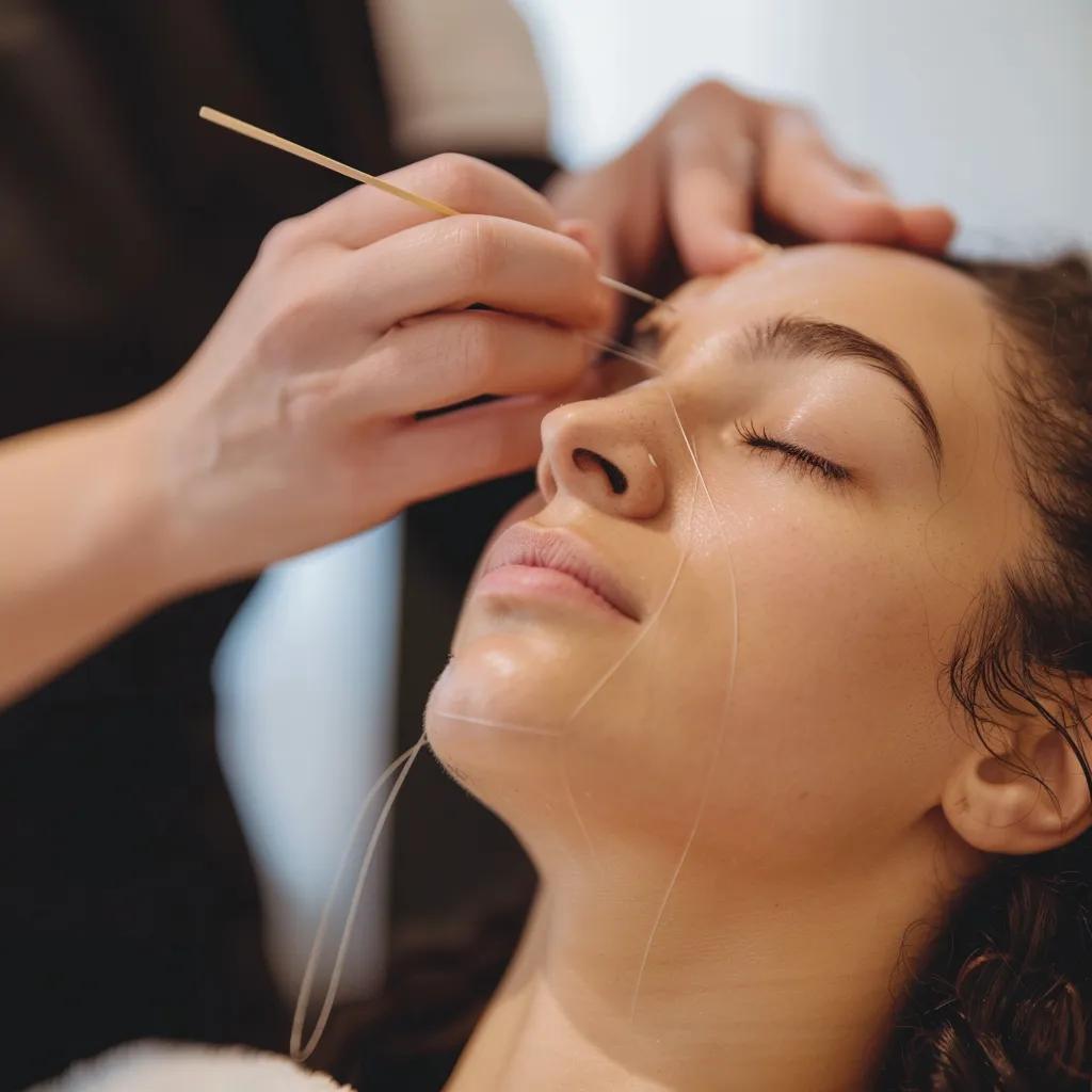 A stylist threading eyebrows in a clean salon—ideal for preparing fluffy arches