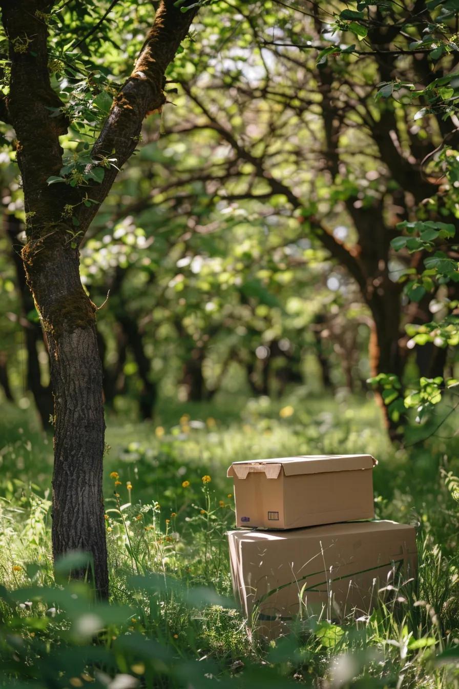 Comparison of eco-friendly plastic moving boxes and cardboard boxes in a natural outdoor setting, emphasizing environmental benefits