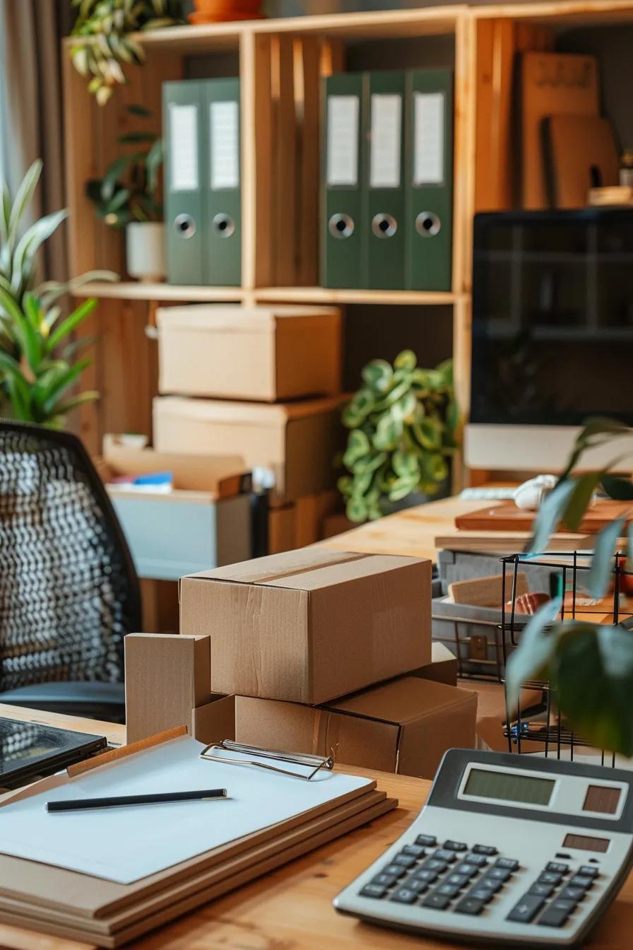 A cozy home office with a calculator, Bronko Box reusable plastic moving boxes, and a checklist, highlighting smart, cost-effective moving solutions