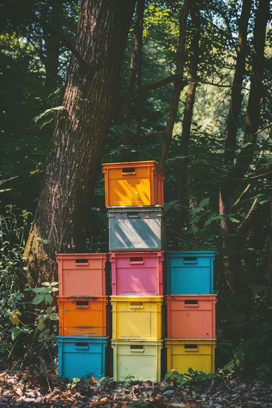 A vibrant stack of reusable Bronko Boxes in a natural setting, highlighting our commitment to eco-friendly moving.