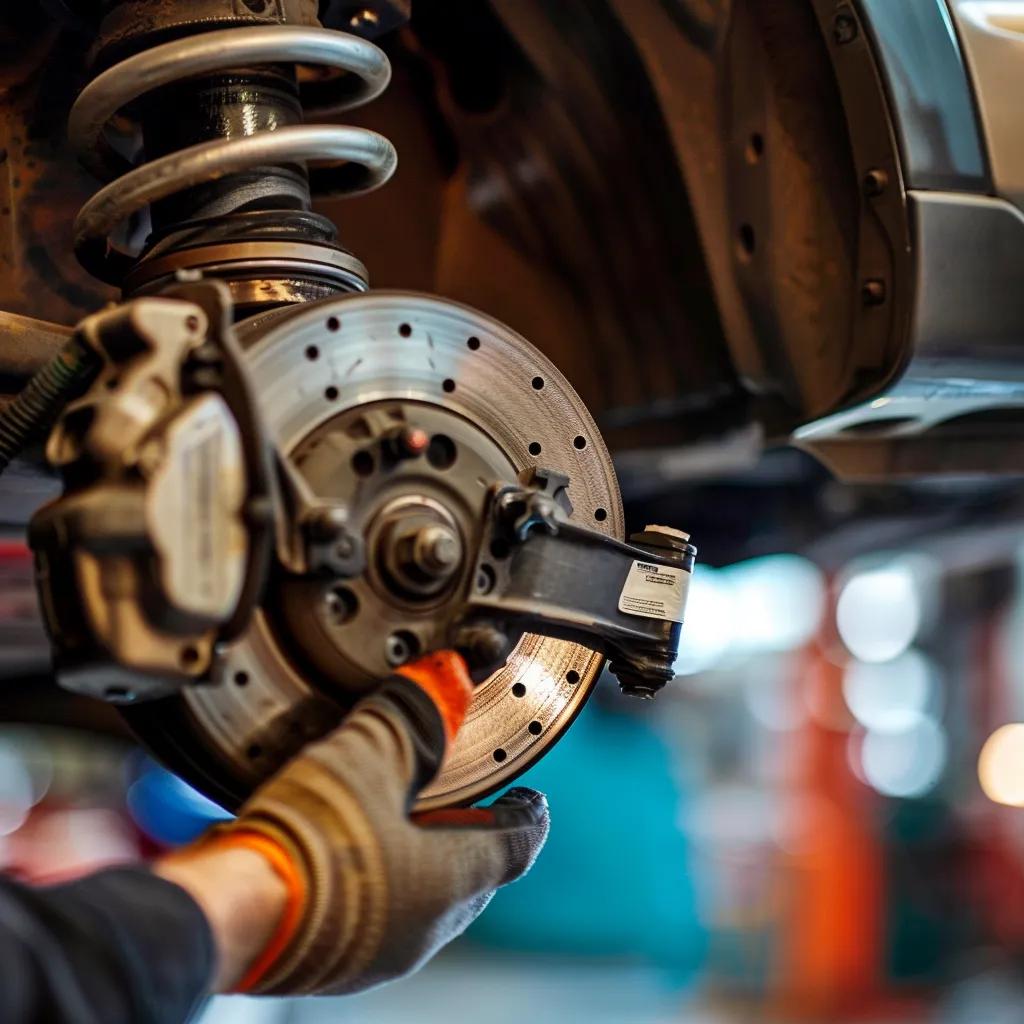 Technician inspecting brakes and suspension components during a vehicle check