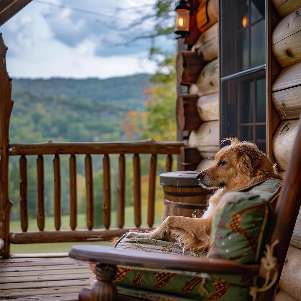 Dog relaxing on a Walker Creek Farms cabin porch with mountain views