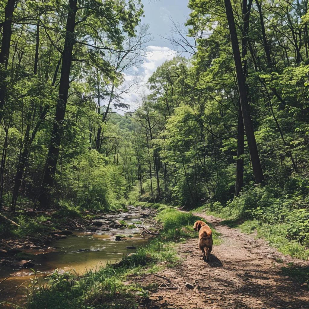Owner and dog walking a shaded trail near Walker Creek Farms