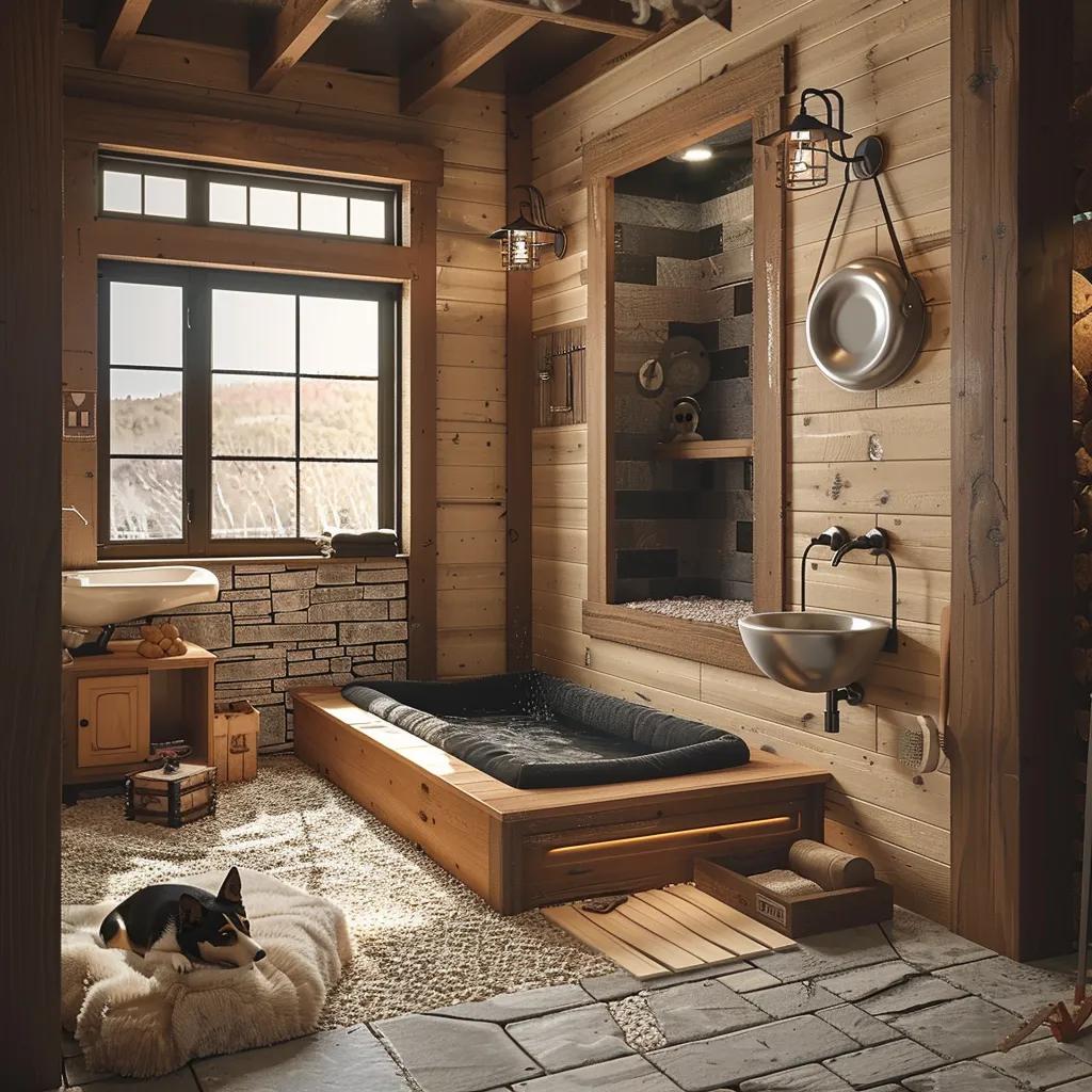 Pet-wash station and raised dog bed inside a Walker Creek Farms cabin