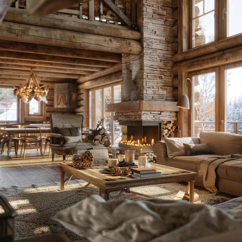 Interior of a luxury log cabin with a warm fireplace and rustic decor, showcasing comfort and relaxation