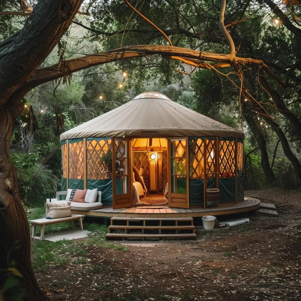Charming yurt glamping setup for couples, highlighting unique lodging and natural surroundings