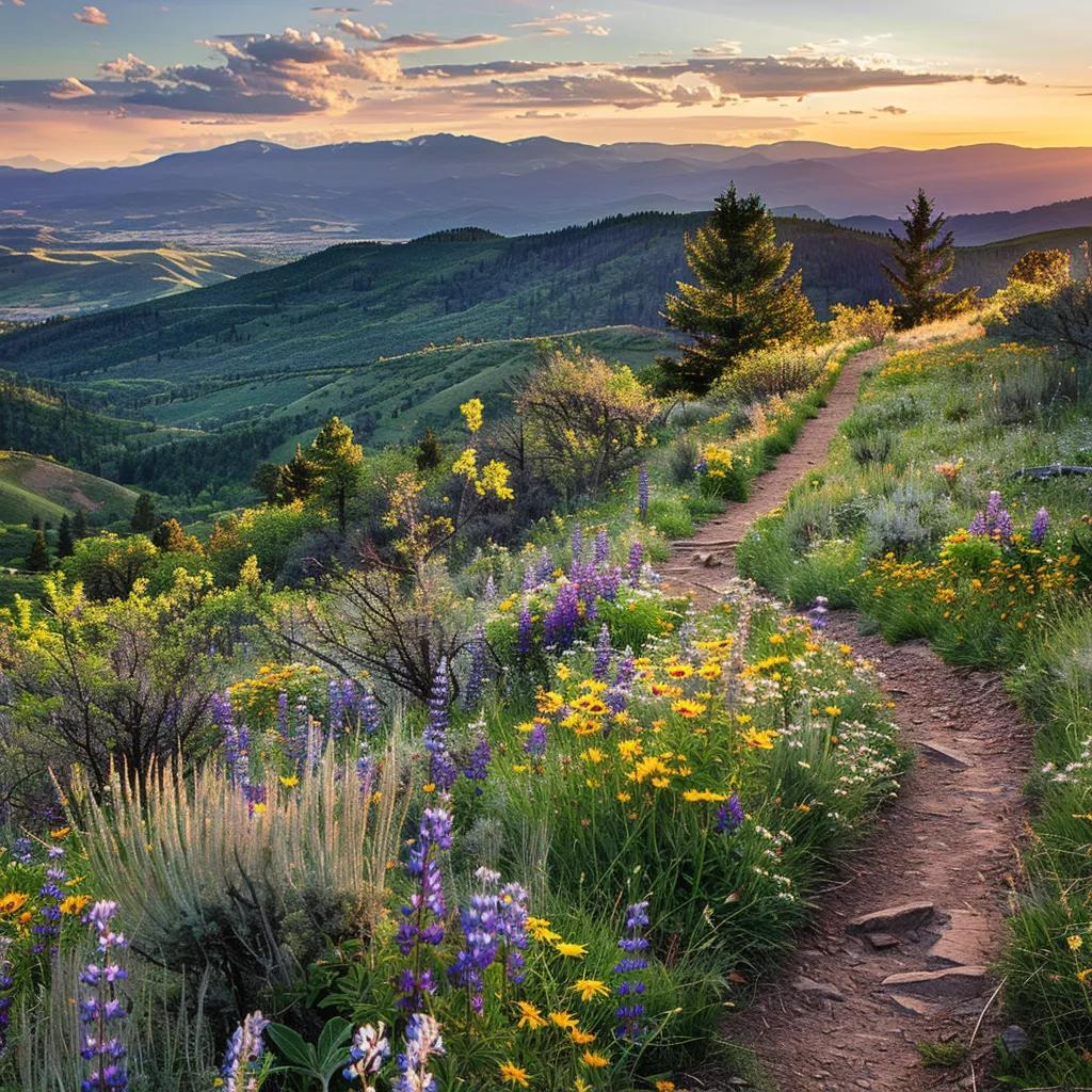A wildflower-lined hiking path and distant panoramas typical of trails near Nebo, WV