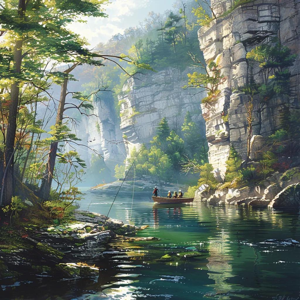 An angler casting from a boat on Summersville Lake, with wooded shores and clear water