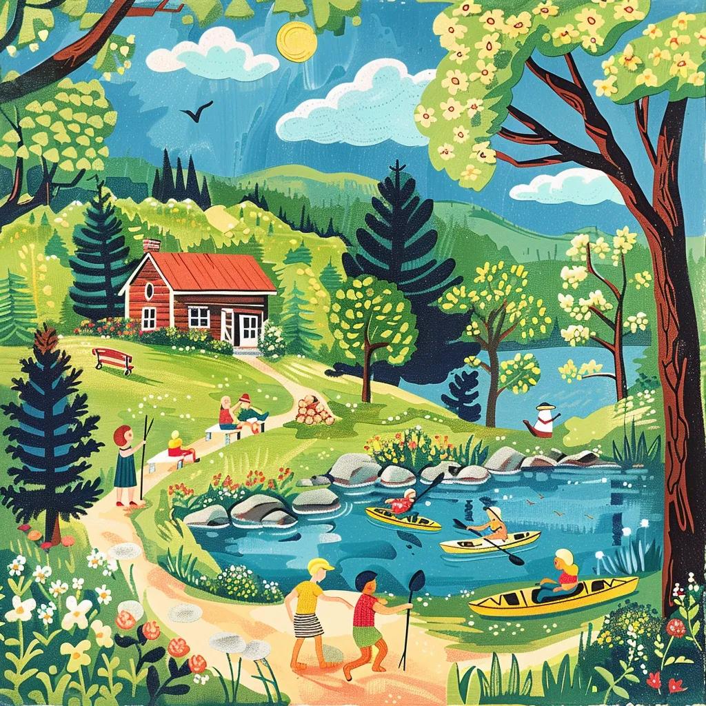 Family enjoying cabin‑side outdoor time — hiking, picnicking, and playing together