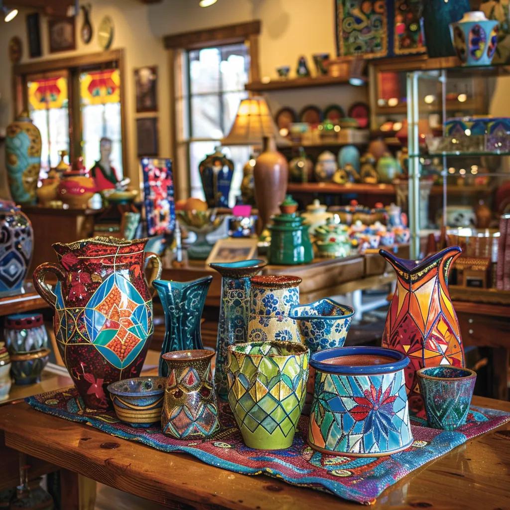 Display of Clay County pottery, stained glass, and quilts — examples of local craftsmanship