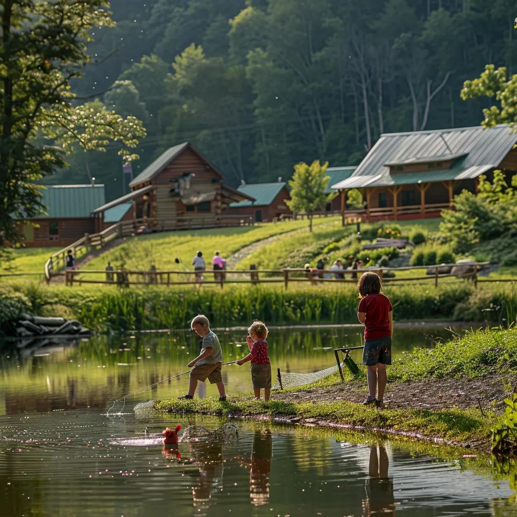 Family fishing and playing outdoors at Walker Creek Farms, Nebo, West Virginia