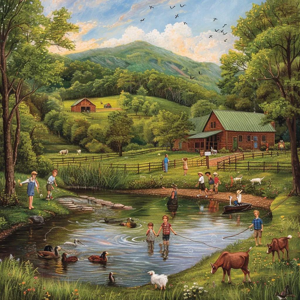 Families fishing, hiking, and meeting animals at Walker Creek Farms