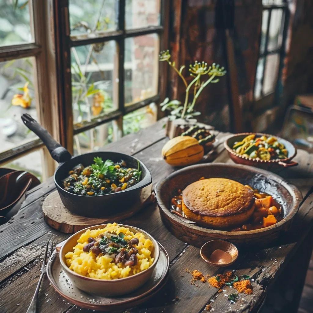 A traditional Appalachian plate of beans, cornbread, and pickled ramps set on a rustic table