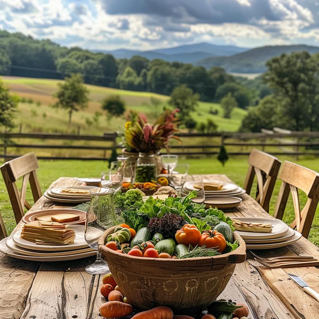 A rustic farm table laid with seasonal produce and handmade pottery overlooking an Appalachian ridge