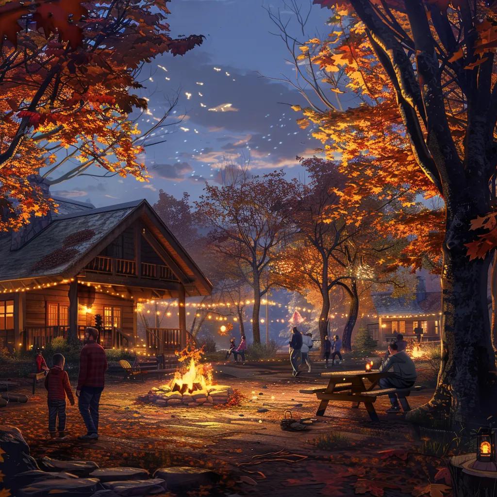 Family gathered around a fire pit amid colorful trees at Walker Creek Farms in autumn