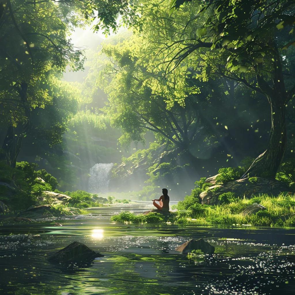 A person practicing forest bathing in a lush green stand — a scene that captures nature’s calming effect