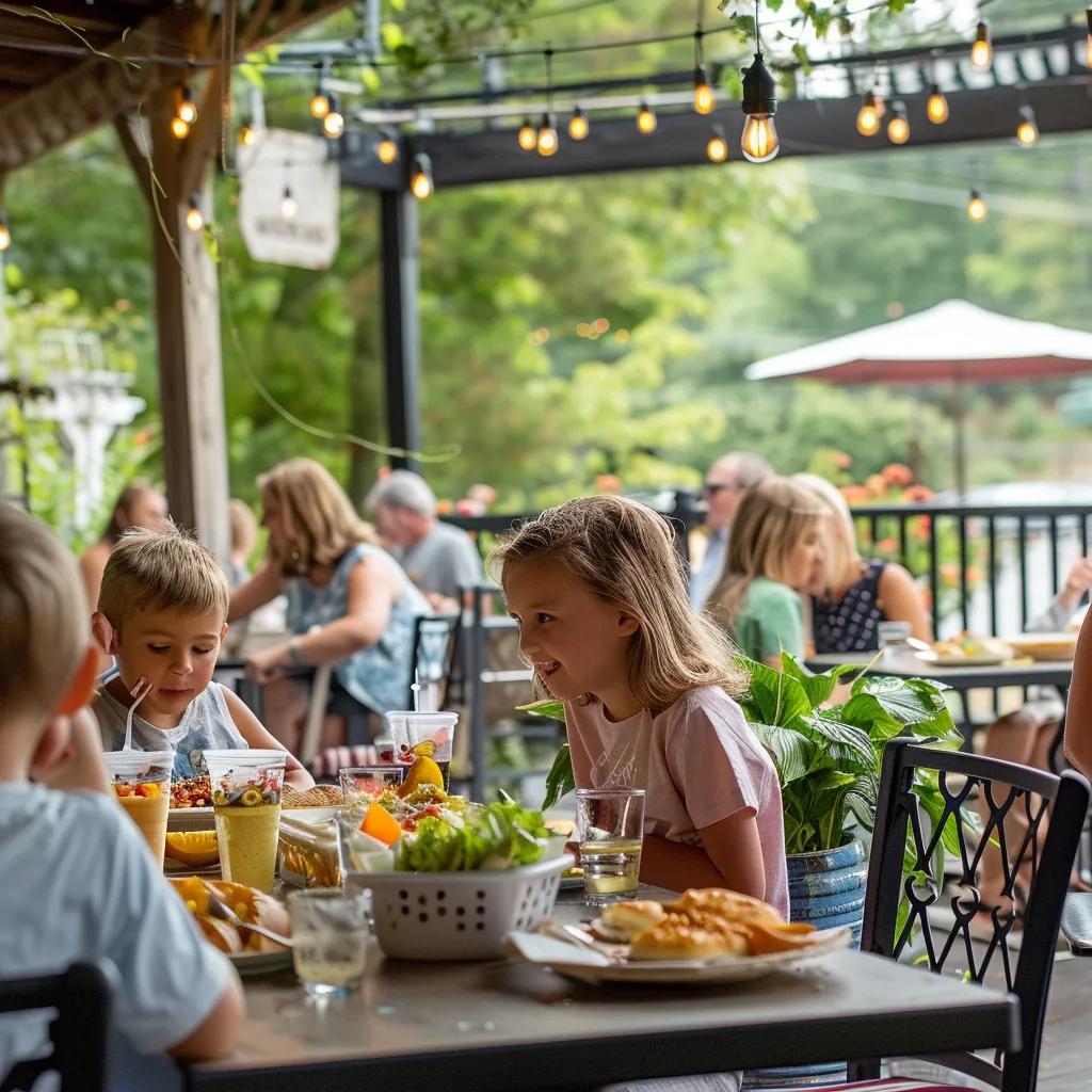 Family dining outdoors in Blue Ridge, showcasing kid-friendly meals and a relaxed atmosphere