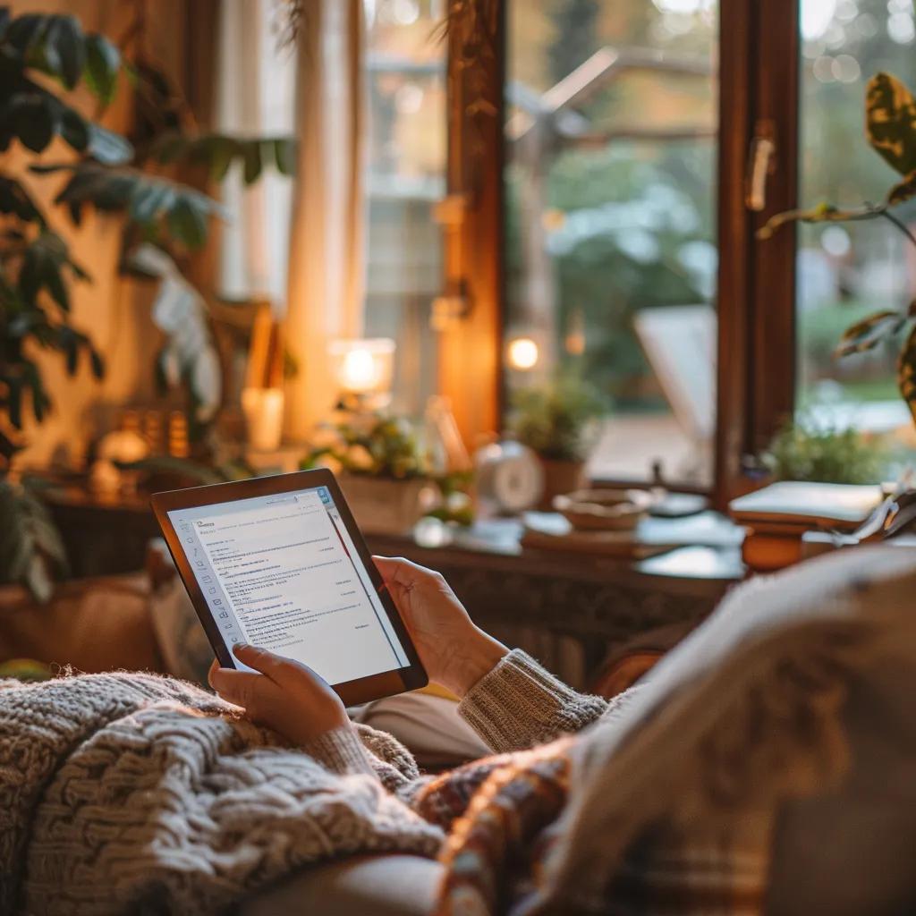 Person using a tablet for cloud accounting in a cozy home office, highlighting accessibility and ease of use