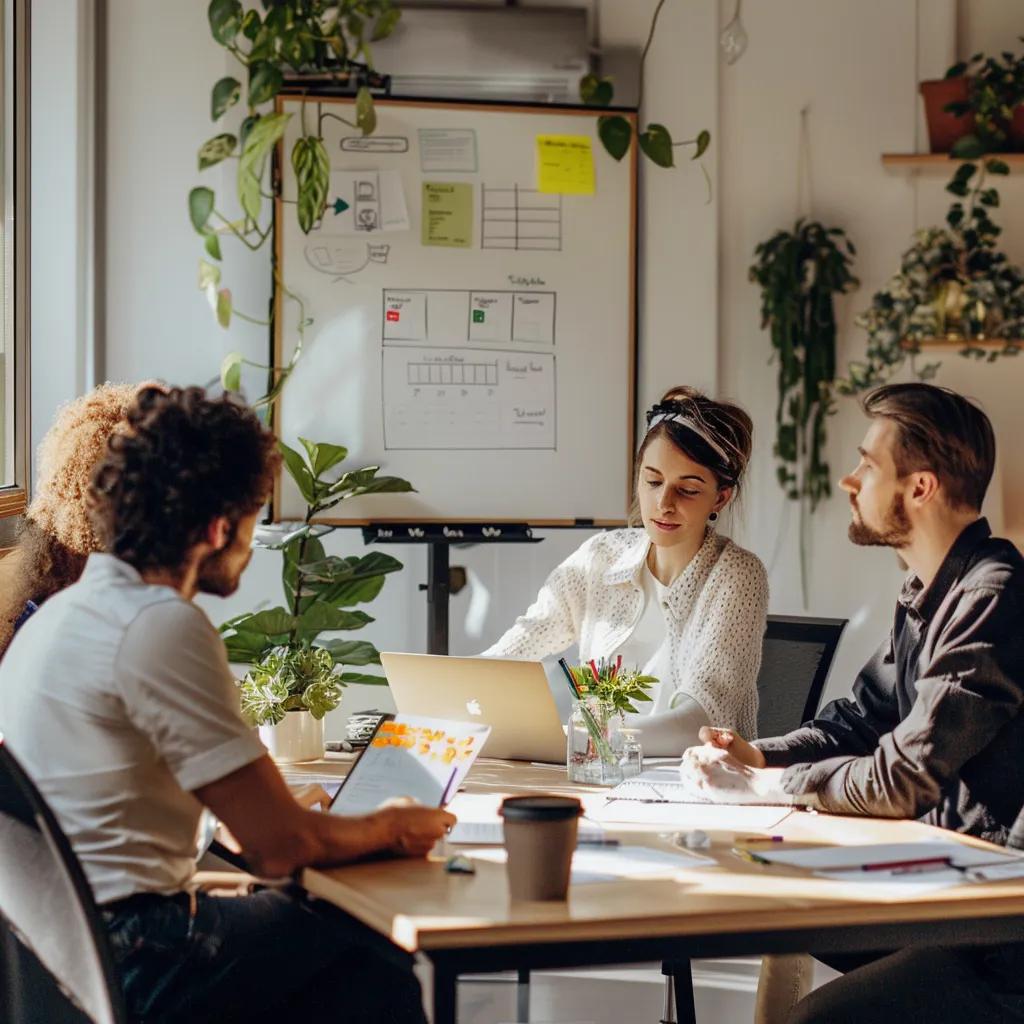 Team discussing payroll management in a bright office, showcasing collaboration and compliance benefits
