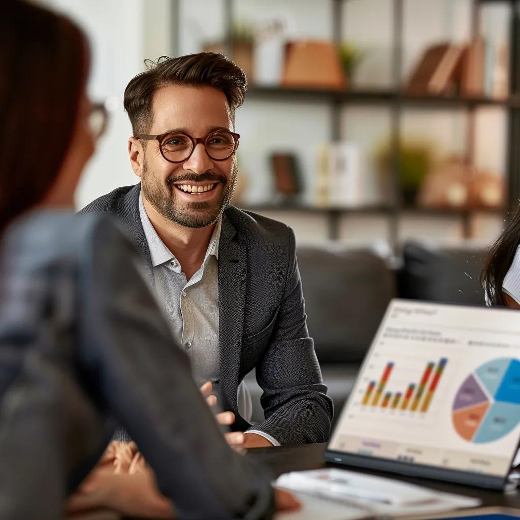 Real estate agent discussing housing market trends with clients in an office