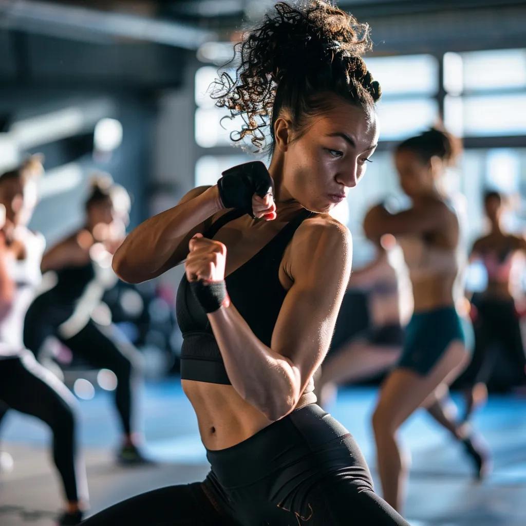 Women practicing kickboxing techniques, illustrating the benefits of strength and cardio in a gym setting