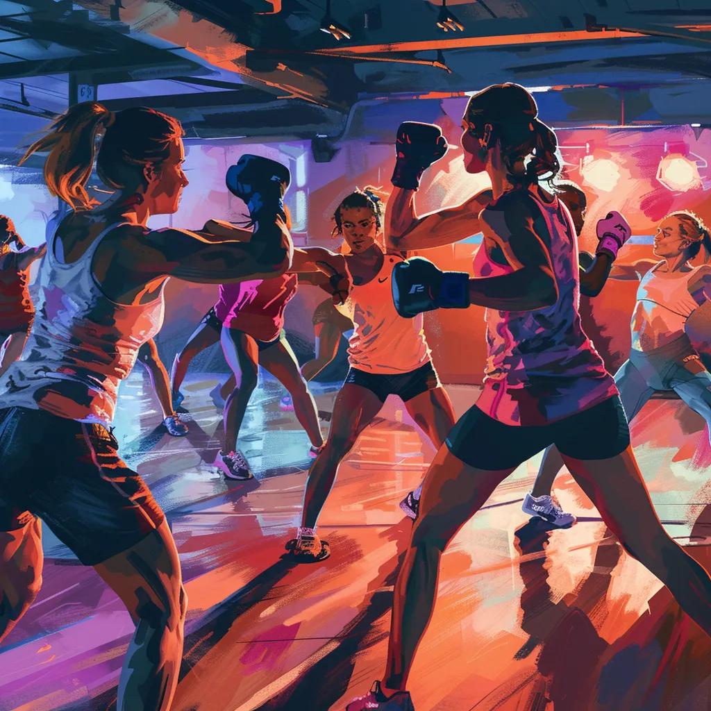 Women engaging in kickboxing training, highlighting strength, cardio, and confidence in a supportive gym environment