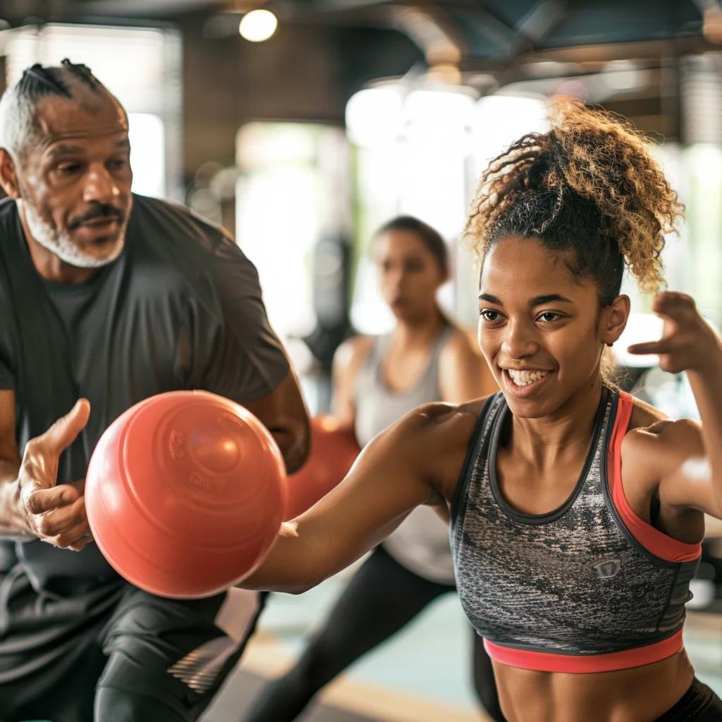 Parent and teen collaborating in a fitness class, illustrating the bond and communication fostered through shared workouts