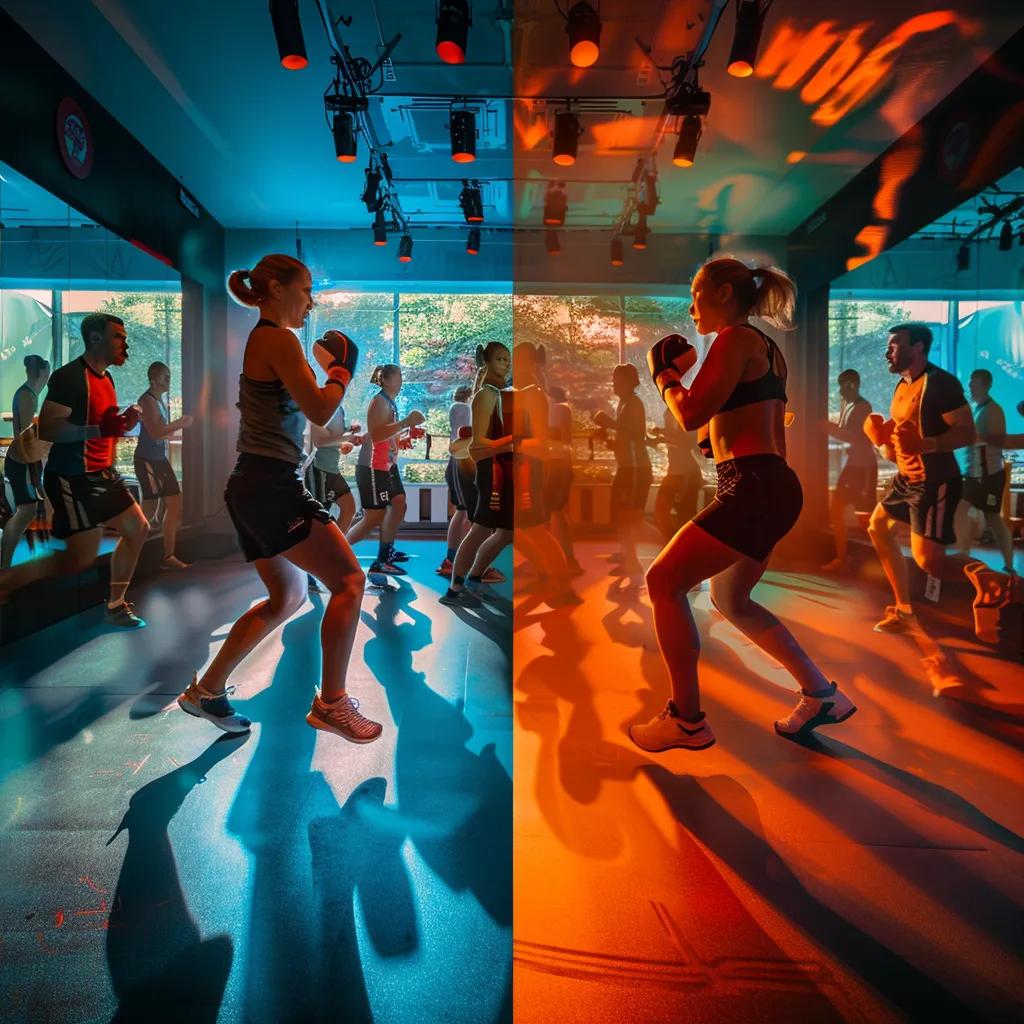 Comparison of kickboxing and boxing classes showing participants in action, highlighting fitness benefits