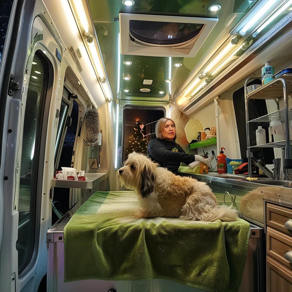 Relaxed dog getting gentle attention inside a quiet mobile grooming van