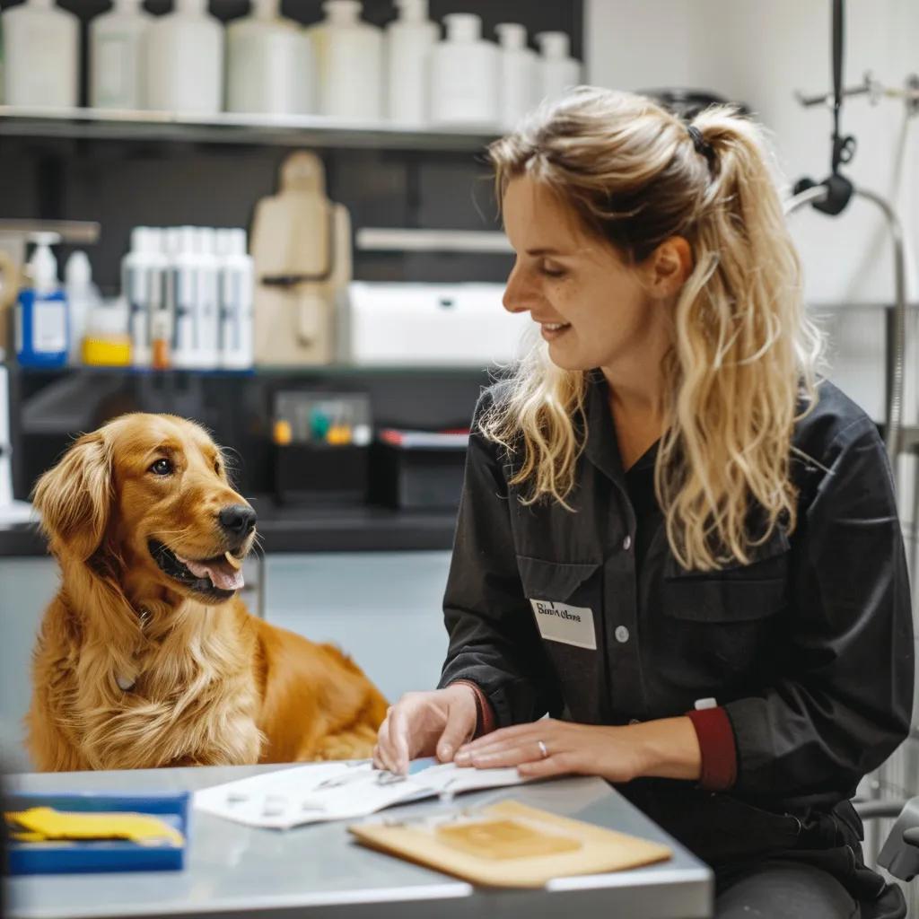 Groomer discussing a personalized plan with a pet owner, showing tailored grooming options