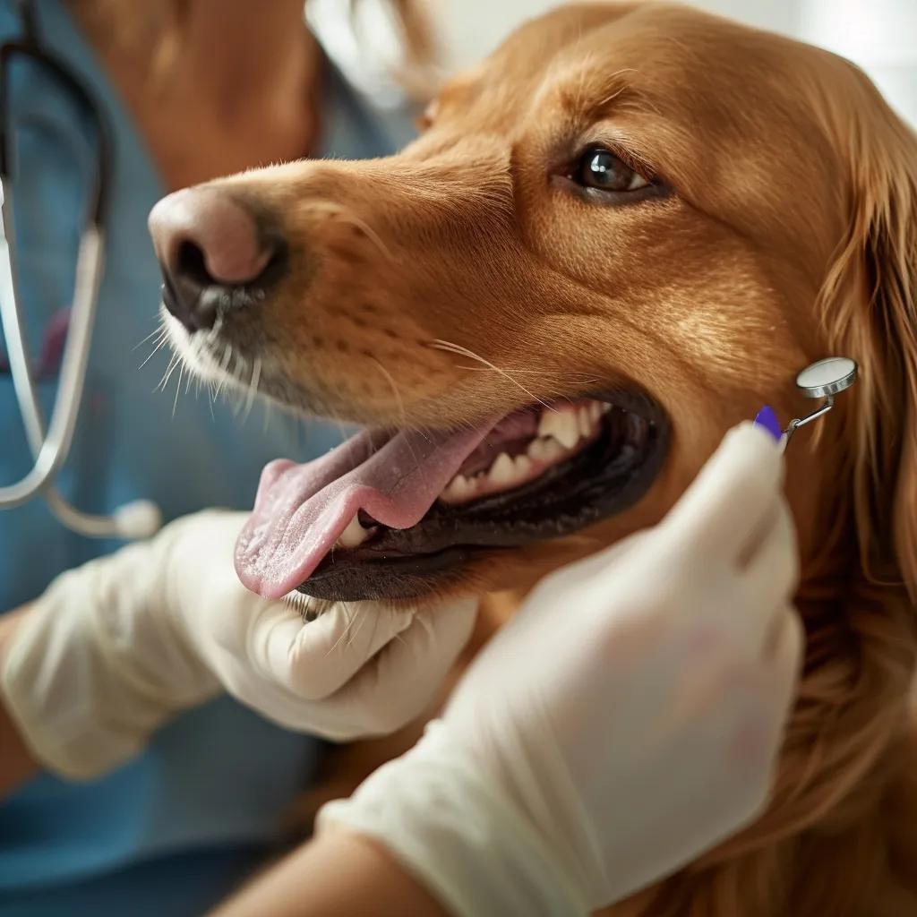 Veterinarian gently examining a dog's mouth during a dental check