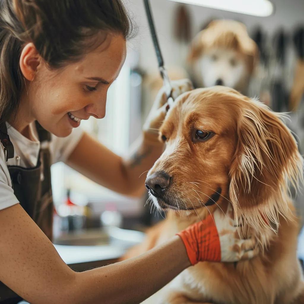A groomer giving individualized attention to a dog during a mobile grooming visit